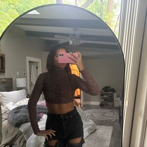 Urban Outfitters Brown Fitted Long Sleeve Crop Top